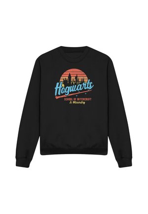 Black sweatshirt with a vintage-style Hogwarts castle silhouette, blue "Hogwarts" text, and "School of Witchcraft & Wizardry" below in red and yellow.