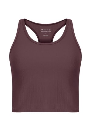 Bordeaux geribbelde sportbeha met racerback ontwerp. Zachte textuur, nauwsluitende pasvorm en versterkte stiksels. Hangtag toont merk en maat.