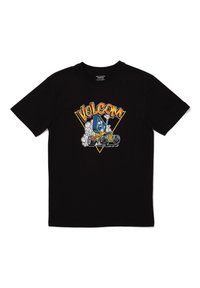 Camiseta negra de manga corta con un diseño gráfico colorido que incluye la palabra "VOLCOM" y un vehículo de dibujos animados, confeccionada en tela de algodón.