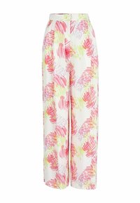 Pantaloni a gamba larga in tessuto leggero con un motivo astratto colorato di tratti rosa, viola e verde su sfondo bianco.