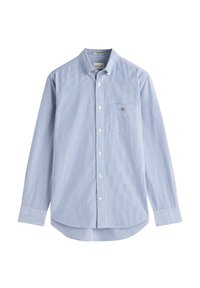 Camisa de botones a rayas azul claro con cuello y mangas largas. Presenta un único bolsillo en el pecho y está confeccionada en suave tejido de algodón.