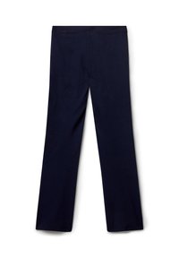 Pantaloni dritti blu navy scuro con cintura elastica, esposti piatti su uno sfondo bianco.