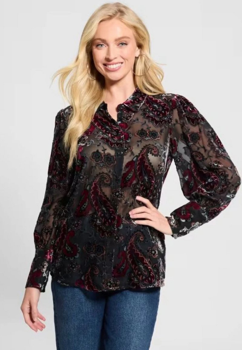 Blusa nera trasparente con un motivo paisley in bordeaux e argento, con una chiusura a bottoni e maniche lunghe a palloncino.