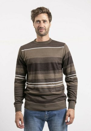 Homme aux cheveux bruns courts portant un pull rayé marron et beige et un jean bleu, debout devant un fond blanc.
