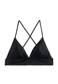 Top bikini triangolare nero con sottili spalline incrociate. Realizzato in tessuto liscio con un design semplice e senza hardware o motivi visibili.