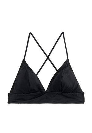 Top bikini triangolare nero con sottili spalline incrociate. Realizzato in tessuto liscio con un design semplice e senza hardware o motivi visibili.