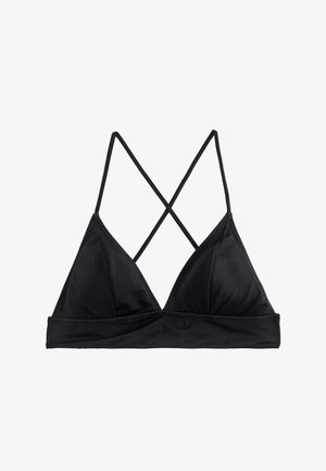 Zwart driehoekig bikini-topje met dunne, gekruiste bandjes. Gemaakt van gladde stof met een eenvoudig ontwerp en geen zichtbare hardware of patronen.