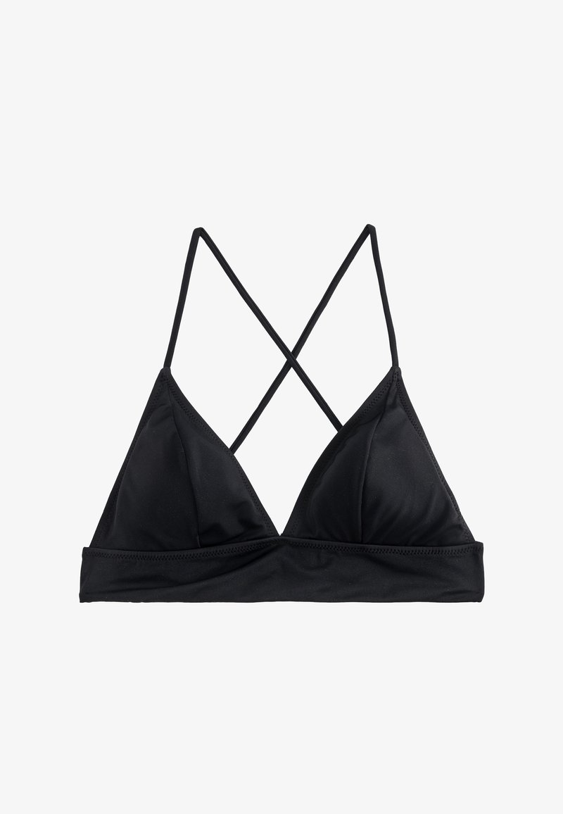 Top bikini triangolare nero con sottili spalline incrociate. Realizzato in tessuto liscio con un design semplice e senza hardware o motivi visibili.