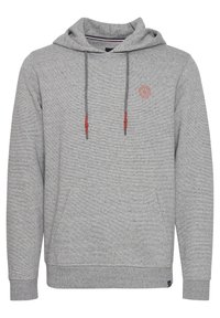 Graue Kapuzenjacke aus strukturiertem Fleece-Material, mit Kängurutasche, Kordeln mit roten Akzenten und kleinem gesticktem Logo.