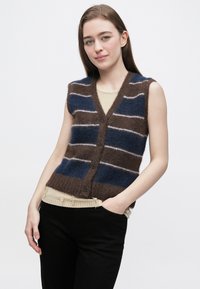 Vlnená vesta bez rukávov s vertikálnymi pruhmi v hnedej, námorníckej modrej a krémovej farbe, s výstrihom do V a zapínaním na gombíky. Textúrovaný pletený vzor.