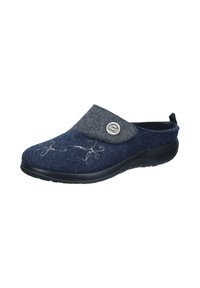 Dunkelblaue Filzschlupfschuhe mit einem grauen Filzaufschlag, dekorativer Stickerei und einem runden silbernen Akzent. Mit einer schwarzen Gummisohle.