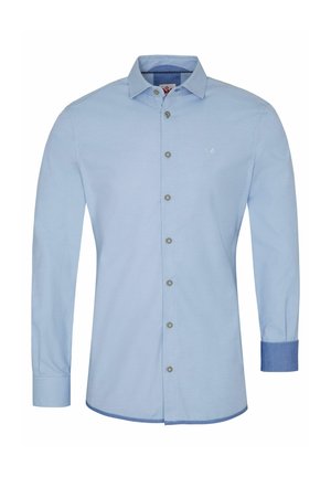 Himmelblaues Langarmhemd aus Baumwolle, mit Button-Down-Kragen, fünf Vorderknöpfen, kontrastierenden dunklerblauen Manschetten und gesticktem Logo auf der Brust.