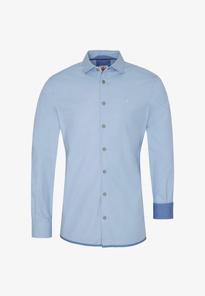 Himmelblaues Langarmhemd aus Baumwolle, mit Button-Down-Kragen, fünf Vorderknöpfen, kontrastierenden dunklerblauen Manschetten und gesticktem Logo auf der Brust.