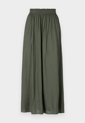 Tummanvihreä maxihame, joka on valmistettu kevyestä kankaasta. Hameessa on kerätty joustovyötärö ja virtaava muotoilu, jossa on laskoksia.