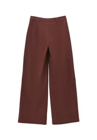 Bruine wijde broek met riemlussen en een hoge taille, plat weergegeven tegen een witte achtergrond.