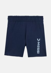 Shorts de sport bleu marine en tissu doux, dotés d'une taille élastique, de poches latérales et d'un logo "MESSI" en bleu clair sur le devant.