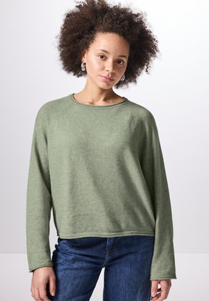Green, lightweight, long-sleeve sweater with a round neckline and a relaxed fit, featuring a textured knit and visible stitching.
