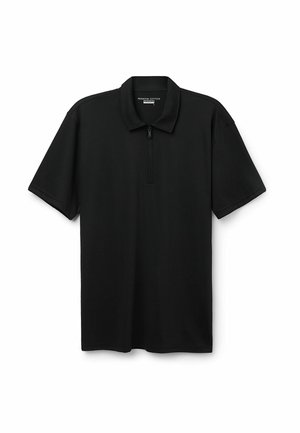 Schwarzes Poloshirt aus hochwertiger Baumwolle, mit einem Reißverschluss vorne, kurzen Ärmeln und einem klassischen Kragendesign.