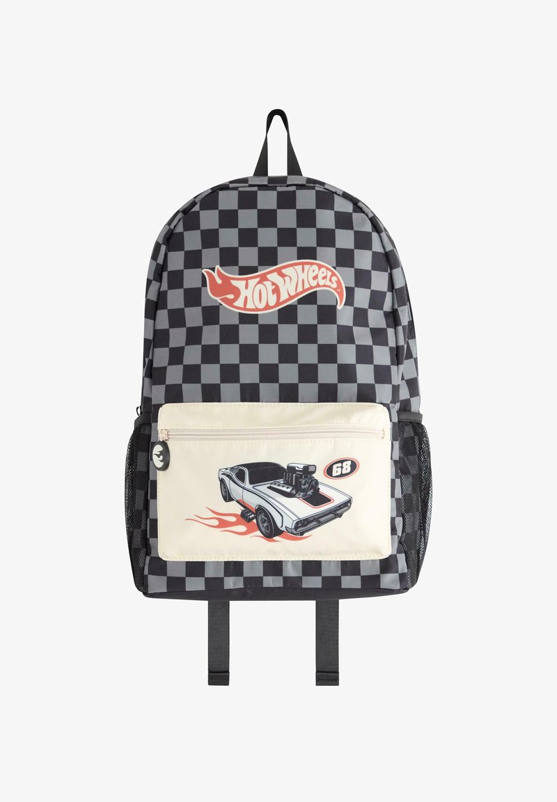 Black and gray checker-pattern backpack with a front white pocket featuring a cartoon car design and red flame accents. Hot Wheels logo on top.