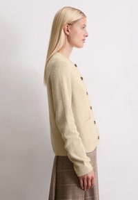 Kremowy kardigan wykonany z teksturowanej tkaniny, z okrągłym dekoltem, długimi rękawami i ciemnymi guzikami. Posiada kieszenie z przodu.