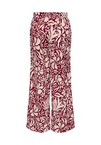 Pantaloni a zampa d'elefante in un motivo floreale bordeaux e crema. Presentano una vita elastica e un tessuto leggero e texture.