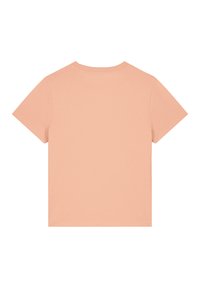 Perzikkleurig T-shirt met korte mouwen en een ronde hals, gemaakt van zachte stof, met een effen achterkant zonder patronen of graphics.