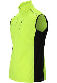 Ärmellose Weste in leuchtendem Neon-Gelb mit schwarzen Seitenpanelen, aus leichtem Material gefertigt. Verfügt über einen Frontreißverschluss und reflektierende Akzente.