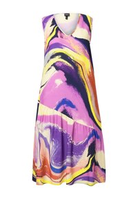 Vestido sin mangas con un vibrante patrón abstracto de remolinos en púrpura, amarillo y rosa sobre una tela ligera. Diseño de escote en V con falda de volantes.