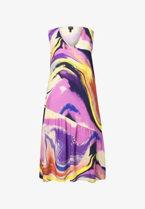 Abito senza maniche con un vivace motivo astratto a spirale in viola, giallo e rosa su un tessuto leggero. Design a V con gonna a strati.