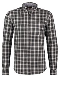 Svart- och vitrutigt långärmat skjorta med krage med knappar, bröstficka och bruna knappdetaljer. Tillverkat av bomull med en mjuk känsla.