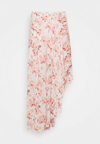 Jupe enroulée florale en tissu léger de couleur rose doux, présentant un design à volants en cascade avec des motifs orange et beige.