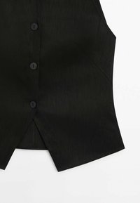 Black waistcoat with a smooth texture, featuring five round black buttons and angled side seams for a tailored shape.