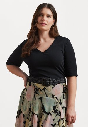 STRETCH COTTON ELBOW-SLEEVE V-NECK TEE - T-shirt basic - black