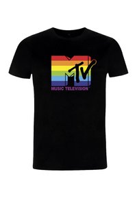 Black T-shirt featuring a rainbow-striped MTV logo with "MUSIC TELEVISION" text in purple. Round neckline, short sleeves, cotton material.