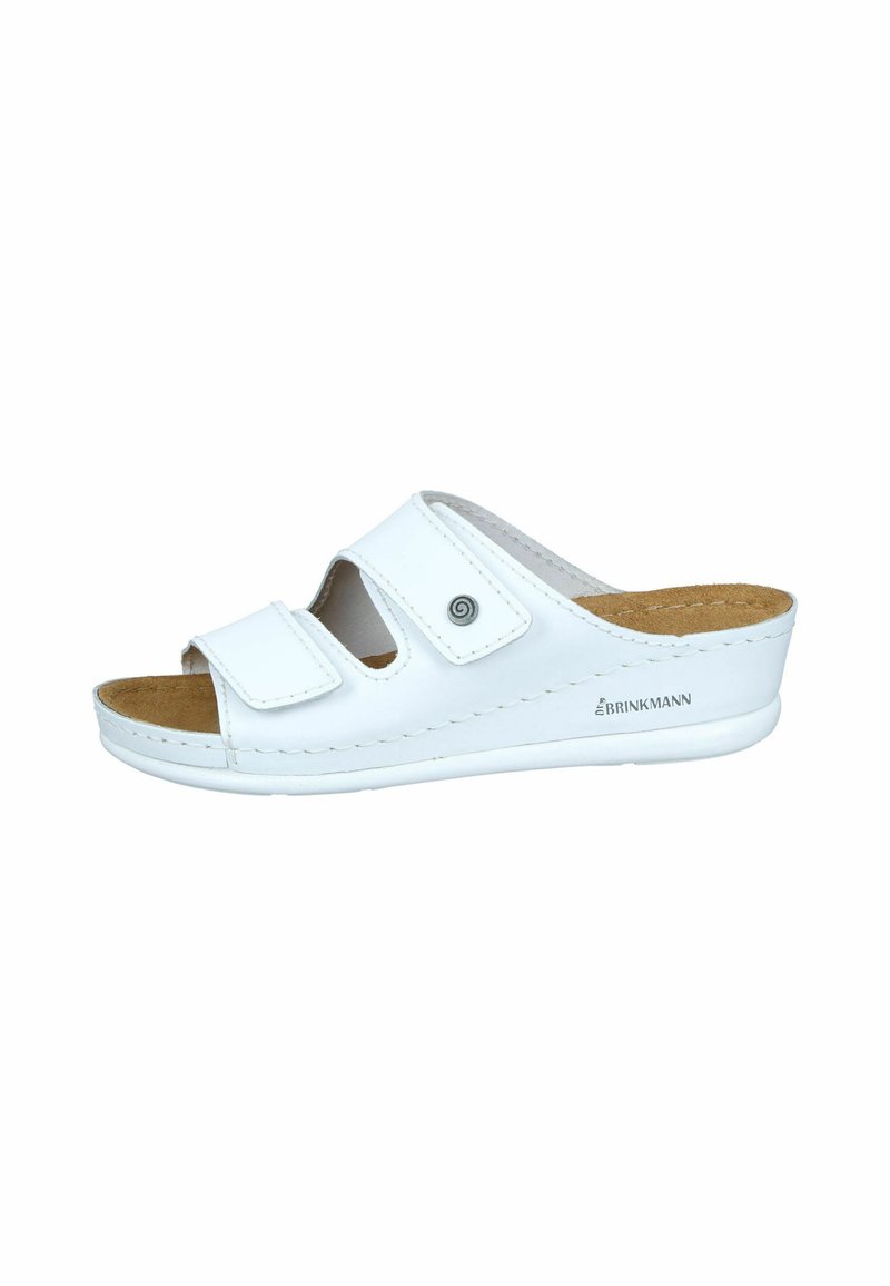 White slide sandal with two adjustable hook-and-loop straps, cork insole, and rubber outsole. Features a rounded toe and slight heel.