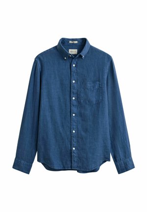 Lange mouwen, blauw denim overhemd met knopen, borstzak en knoopsluiting aan de kraag, getoond op een witte achtergrond.