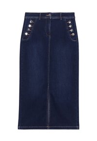 Gonna di denim blu scuro, lunga fino al ginocchio con taglio dritto, caratterizzata da bottoni argentati sulle tasche frontali e dettagli di cucitura a contrasto.