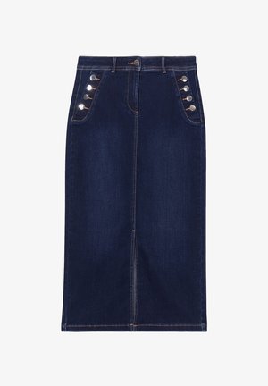 Dunkelblaue Jeansrock in knielanger, gerader Form mit silbernen Knöpfen an den vorderen Taschen und kontrastierenden Nähten.