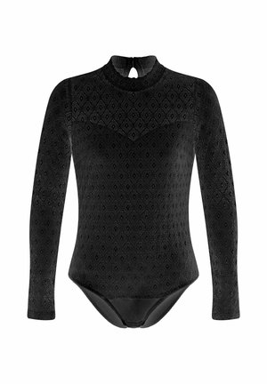 Schwarzer langärmliger, figurbetonter Body mit strukturiertem Diamantmuster und hohem Kragen mit kleinem Schlüsselloch-Ausschnitt am Hals.