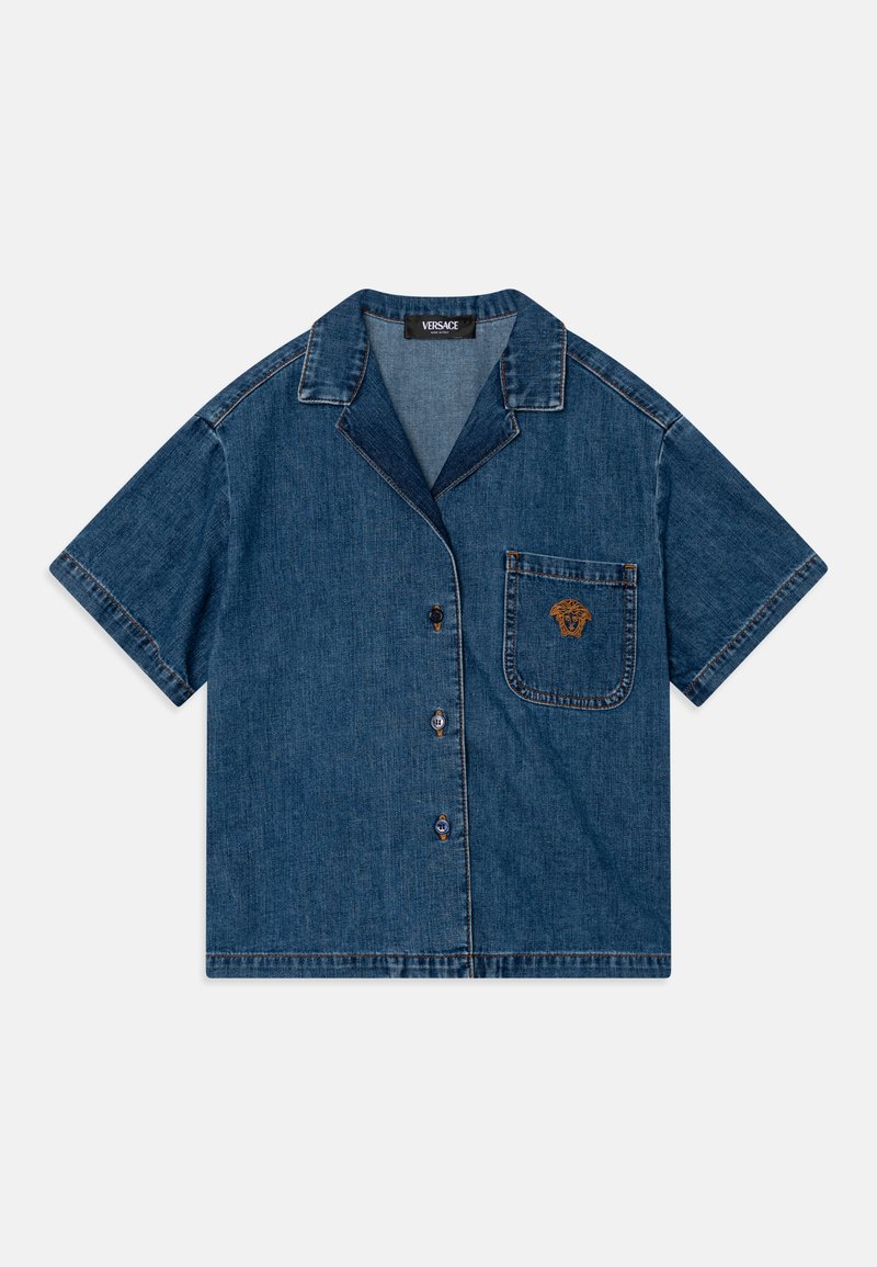 Short-sleeve denim shirt in dark blue with a button-down front, single chest pocket, and Versace logo embroidery on pocket.