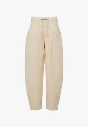Beige high-waist pants with side pockets, pleated front, tapered legs, and a drawstring belt at the waistband.