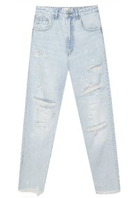 Ljust blå denimjeans med hög midja, rak passform, slitna lappar och fransad nederkant. Har traditionella fickor och knappstängning.