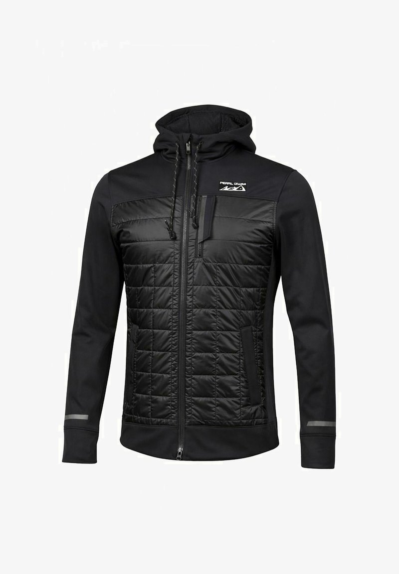 Veste matelassée noire avec capuche, fermeture éclair devant, poches poitrine et latérales, cordons ajustables, et bandes réfléchissantes sur les deux manches.