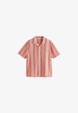 Rövid ujjú, gombos ing korall és fehér színben, csíkos mintával. Texturált anyagból készült, klasszikus gallér dizájnnal.