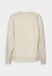 Felpa color beige chiaro, tessuto morbido, maniche raglan, polsini e orlo a costine, design semplice, texture liscia, senza loghi o motivi visibili.