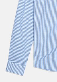 Camicia a maniche lunghe a righe blu e bianche con colletto a punta, polsini abbottonati e texture fine, caratterizzata da strette righe verticali.