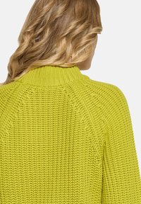 Strickpullover in lebendigem Limettengrün, mit geripptem Kragen und strukturiertem Stichmuster, Rückansicht mit Raglanärmeln.