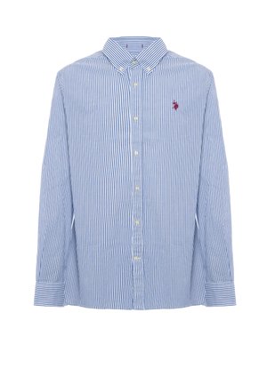 Camicia a righe blu e bianche con colletto, maniche lunghe e un piccolo logo rosso sul petto, realizzata in tessuto leggero.