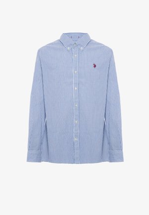 Camicia a righe blu e bianche con colletto, maniche lunghe e un piccolo logo rosso sul petto, realizzata in tessuto leggero.