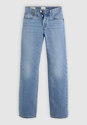 Lyseblå denimjeans med rett ben-design, metallknapp-lukking, frontlommer og subtile falmingsdetaljer gjennom hele.